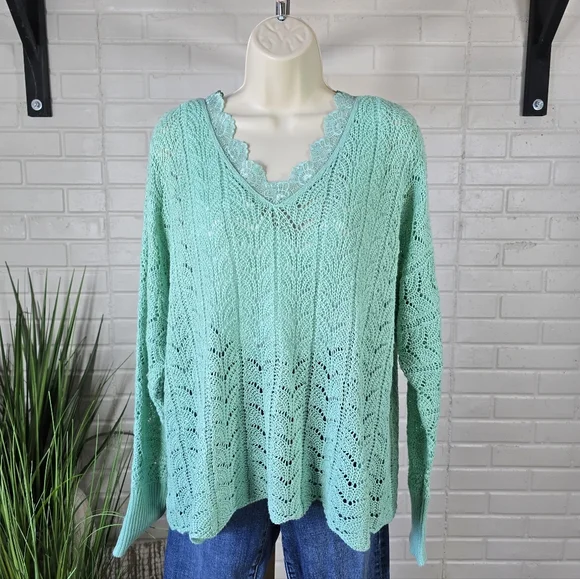 Daytrip Mint Lace V-Neck Crochet Sweater Oversized Medium - Picture 3 of 11